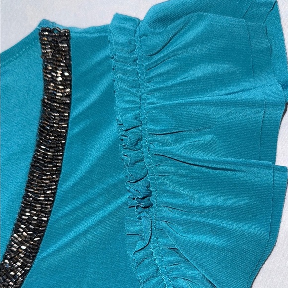 Clientele Shirt Embellished Short Flutter Sleeve Asymmetric Tunic Teal Burgundy - Picture 10 of 15